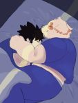  2019 anthro bed belly butt canid canine canis clothing cu_sith_(tas) cuddling domestic_dog duo eyes_closed hi_res hug human humanoid_hands male mammal nanon_1st overweight overweight_male pants shirt sleeping tokyo_afterschool_summoners topwear video_games 