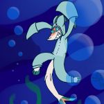  1:1 2018 anthro bubble clothed clothing colin_(anonymous3355) costume digital_media_(artwork) fish kigurumi marine onesie open_mouth shark simple_background smile solo teeth thekingoftrash underwater water 