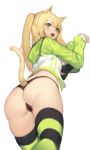  1girl absurdres animal_ears ass black_panties blonde_hair breasts cameltoe cat_ears cat_tail from_behind from_below front-tie_top green_eyes highres hood hooded_jacket hoodie jacket jam_(nandade) korean_commentary large_breasts long_hair one_side_up open_clothes open_jacket open_mouth original panties paw_pose sidelocks simple_background solo striped striped_legwear tail thighhighs underboob underwear white_background 