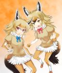  2017 5_fingers alulu_(kemono_friends) animal_humanoid armwear biped black_tail blush bottomwear bow_tie breasts brown_clothing brown_hair brown_highlights brown_sweater brown_tail brown_topwear canid canid_humanoid canine canine_humanoid clothed clothing digital_drawing_(artwork) digital_media_(artwork) duo elbow_gloves eyebrow_through_hair eyebrows eyelashes fangs female fist footwear fully_clothed fur_trim_(clothing) gloves gradient_background hair hair_highlights humanoid inner_ear_fluff jackal_humanoid japanese kemono_friends kinko legwear light light_skin lighting long_hair looking_aside looking_at_viewer looking_away mammal multicolored_hair naruhiro_hob on_one_leg open_mouth open_smile orange_armwear orange_background orange_clothing orange_footwear orange_gloves orange_hair orange_highlights orange_legwear orange_shoes orange_theme outline raised_leg red_eyes shadow shoes simple_background skirt small_breasts smile socks standing sweater tan_hair tan_skin thigh_highs tights topwear translucent translucent_hair two_tone_tail warm_colors white_background white_bottomwear white_clothing white_hair white_highlights white_skirt white_socks yellow_eyes 
