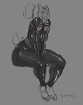  anthro bovid breasts caprine clothing eyes_closed female greyscale izzy223 kinderd_(lol) mammal mask monochrome rubber rubber_suit sheep simple_background sitting slightly_chubby solo wide_hips 