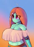 2018 3v4 android big_breasts blue_skin breasts clothed clothing dibujosv12 digital_media_(artwork) female hair hi_res machine not_furry purple_eyes red_hair ribbons robot short_stack smile topwear translucent translucent_hair 