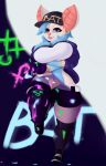  2018 anthro big_breasts blue_eyes blue_fur blue_hair breasts chiropteran clothed clothing cosplay dibujosv12 digital_media_(artwork) ear_piercing ear_ring fangs female fur hair hat headgear headwear hi_res jacket kaylin_crest kda league_of_legends mammal multicolored_fur piercing riot_games solo text thick_thighs video_games white_fur wide_hips 
