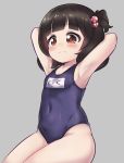  1girl armpits arms_behind_head bangs blush brown_eyes brown_hair character_request child copyright_request covered_navel drawfag grey_background hair_bobbles hair_ornament highres school_swimsuit short_hair simple_background sitting solo swimsuit wet 