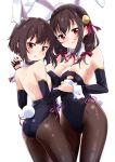  2girls absurdres animal_ears areola_slip areolae asymmetrical_docking bangs bare_shoulders black_gloves black_leotard black_sleeves blush bow braid breast_press breasts brown_hair brown_legwear bunny_ears bunny_girl bunny_tail bunnysuit cleavage collar commentary_request crown_braid detached_collar detached_sleeves eyebrows_visible_through_hair fingerless_gloves fishnet_pantyhose fishnets flat_chest gloves hair_between_eyes hair_bow hand_holding highres interlocked_fingers kemonomimi_mode kono_subarashii_sekai_ni_shukufuku_wo! large_breasts leotard long_hair long_sleeves looking_at_viewer looking_back medium_hair megumin mousou_(mousou_temporary) multiple_girls neck_ribbon pantyhose parted_lips red_bow red_eyes red_ribbon ribbon short_hair simple_background strapless strapless_leotard tail teardrop unaligned_breasts white_background white_collar wing_collar wrist_cuffs yunyun_(konosuba) 