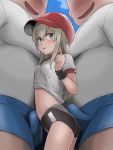  1girl 2boys ass baseball_cap black_buruma blonde_hair blue_eyes blue_shorts blush boy_sandwich breast_press breasts buruma buttjob day erection erection_under_clothes eyebrows_visible_through_hair gym_uniform hair_between_eyes hat height_difference multiple_boys navel nose_blush open_mouth original plus_step puffy_short_sleeves puffy_sleeves red_headwear sandwiched shirt shirt_lift short_sleeves shorts small_breasts smile stomach tears thighs white_hair white_shirt 