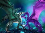 2019 ambiguous_gender claws curved_horn detailed_background digital_media_(artwork) dragon duo feral green_scales hi_res horn membranous_wings purple_scales scales scalie selianth spines western_dragon wings 