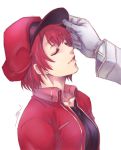  1boy 1girl ae-3803 ahoge black_shirt breasts cabbie_hat canal001 eyebrows_visible_through_hair eyes_closed gloves hat hataraku_saibou jacket lips long_sleeves medium_breasts parted_lips red_blood_cell_(hataraku_saibou) red_hair red_headwear red_jacket shirt short_hair signature simple_background smile upper_body white_background white_blood_cell_(hataraku_saibou) white_gloves 