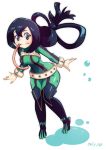  1girl :&gt; artist_name asui_tsuyu black_eyes black_hair bodysuit boku_no_hero_academia breasts closed_mouth frog_girl full_body gloves green_bodysuit hair_between_eyes hair_rings jellyjigs long_hair long_tongue looking_at_viewer low-tied_long_hair medium_breasts smile solo tongue tongue_out wide_hips wrists_extended 
