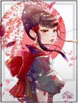  1girl bangs beehive_hairdo black_hair blunt_bangs bow breasts cherry_blossoms eyeliner hair_bow japanese_clothes kimono makeup mishima_kazumi mole mole_under_eye red_bow red_eyes rei1028 reiwa short_hair_with_long_locks sidelocks sleeves_pushed_up solo tekken tekken_7 