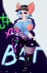  2018 anthro big_breasts blue_eyes blue_fur blue_hair breasts chiropteran clothed clothing cosplay dibujosv12 digital_media_(artwork) ear_piercing ear_ring fangs female fur hair hat headgear headwear hi_res huge_breasts jacket kaylin_crest kda league_of_legends mammal multicolored_fur nipples piercing riot_games solo text thick_thighs video_games white_fur wide_hips 
