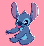  2019 4_fingers aliasing alien ambiguous_gender back_markings black_eyes blep blue_claws blue_fur blue_nose blue_pawpads chest_tuft claws disney experiment_(species) fur head_tuft hi_res izbusiness lilo_and_stitch markings notched_ear pawpads pink_background simple_background sitting small_tail smile solo stitch toe_claws tongue tongue_out tuft 