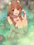  1girl animal_ear_fluff animal_ears bangs blunt_bangs blush breast_tattoo breasts brown_hair chest_tattoo chiharu_(9654784) eyebrows_visible_through_hair hair_twirling highres leg_hug long_hair looking_at_viewer medium_breasts nervous_smile nude onsen open_mouth partially_submerged raccoon_ears raccoon_girl raccoon_tail raphtalia red_eyes rock sitting smile solo steam sweatdrop tail tate_no_yuusha_no_nariagari tattoo very_long_hair water 