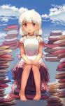  1girl absurdres barefoot blue_sky blurry breasts cloud commentary_request dark_skin day depth_of_field earlobes ebisu_eika eyebrows_visible_through_hair frilled_skirt frills hair_ribbon highres knees_together_feet_apart looking_at_viewer low_twintails making-of_available medium_hair open_mouth outdoors pink_ribbon puffy_short_sleeves puffy_sleeves red_eyes ribbon rock shirt short_sleeves sitting_on_rock skirt skirt_hold skirt_set sky sly930105 small_breasts toenails touhou twintails white_hair white_shirt white_skirt 