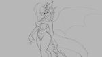  16:9 anthro breasts dragon female grey_background greyscale hair horn looking_at_viewer monochrome nipples pussy simple_background solo standing watsup wide_hips wings 