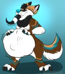  absurd_res anthro belly berrywoof big_belly blue_eyes bulge canid canine canis dam_(somewolfy) digital_media_(artwork) fur hi_res male male_pred mammal same_size simple_background smile text vore wolf 