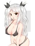  1girl absurdres ayuko_(mochiayuko) azur_lane between_legs bikini black_bikini bow breasts cleavage collarbone cowboy_shot erect_nipples eyebrows_visible_through_hair grey_background hair_bow hand_between_legs highres large_breasts lips long_hair looking_at_viewer midriff mole mole_on_breast multicolored_hair navel open_mouth prinz_eugen_(azur_lane) prinz_eugen_(unfading_smile)_(azur_lane) red_hair silver_hair simple_background solo swimsuit twintails two-tone_background two-tone_hair white_background yellow_eyes 