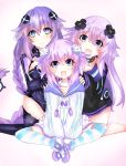  :d absurdres adult_neptune bimmy black_choker blush braid choker d-pad d-pad_hair_ornament full_body hair_between_eyes hair_ornament highres hood hooded_jacket jacket kneeling knees_apart_feet_together leotard long_hair looking_at_viewer medium_hair multiple_persona neptune_(neptune_series) neptune_(series) open_mouth power_symbol purple_eyes purple_hair purple_heart shin_jigen_game_neptune_vii simple_background sitting smile striped striped_legwear symbol-shaped_pupils thighhighs twin_braids twintails very_long_hair white_choker 