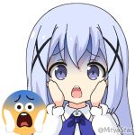  1girl bangs blue_bow blue_eyes blue_hair bow chibi collared_shirt dress_shirt emoji eyebrows_visible_through_hair gochuumon_wa_usagi_desu_ka? hair_between_eyes hair_ornament hands_on_own_face hands_up kafuu_chino long_hair long_sleeves lowres miicha open_mouth round_teeth shirt solo surprised teeth transparent_background turn_pale upper_teeth white_shirt x_hair_ornament 