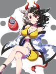  1girl animal_ears animal_print bare_shoulders black_hair black_nails breasts chains cleavage collarbone commentary_request cow_ears cow_horns cow_print cow_tail feet_out_of_frame grey_background grey_hair haori horns invisible_chair japanese_clothes large_breasts legs_crossed long_sleeves looking_at_viewer multicolored_hair nail_polish navel nejimo off_shoulder red_eyes short_hair short_shorts shorts sitting solo sports_bra stomach tail thighs touhou two-tone_background two-tone_hair ushizaki_urumi white_background wide_sleeves yellow_shorts 