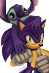  2017 4_fingers 5_fingers alien anthro black_claws black_eyes black_nose blue_fur blue_nose by-nc-nd carrying claws clothing creative_commons crossover digital_media_(artwork) disney duo eulipotyphlan experiment_(species) fenrirez fur gloves green_eyes head_tuft hedgehog hi_res lilo_and_stitch looking_at_viewer mammal notched_ear on_head signature simple_background smile sonic_(series) sonic_the_hedgehog stitch white_background white_clothing white_gloves 