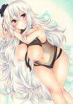  1girl alternate_costume arm_rest azur_lane bare_legs bare_shoulders blush breasts breasts_outside bubble_background cameltoe cowboy_shot crossed_arms eyebrows_visible_through_hair flower graf_zeppelin_(azur_lane) hair_between_eyes hair_flower hair_ornament highres lace_trim large_breasts lingerie long_hair looking_at_viewer marker_(medium) midriff navel nipples red_eyes silver_hair solo thighs traditional_media underwear very_long_hair wavy_hair yoruoujito-tsukinohime 