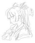  1girl closed_mouth expressionless fujiwara_no_mokou greyscale hair_ribbon hime_cut holding long_hair looking_to_the_side mitsumoto_jouji monochrome night_sparrow_love ponytail ribbon sketch solo thought_bubble touhou towel translated upper_body 