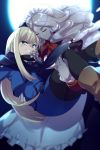  2girls apron blonde_hair blue_scarf blush boots brown_footwear carrying cis05 closed_mouth commentary_request eyebrows_visible_through_hair eyes_closed fang fate/grand_order fate_(series) flower golem green_eyes hair_between_eyes hat long_hair lord_el-melloi_ii_case_files maid maid_headdress mini_hat moon multiple_girls night night_sky open_eyes princess_carry red_ribbon reines_el-melloi_archisorte ribbon scarf sky teeth trimmau volumen_hydragyrum 