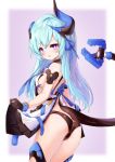  1girl aqua_hair armlet ass asymmetrical_horns bare_shoulders black_gloves black_panties breasts bright_pupils cowboy_shot ehart eyebrows_visible_through_hair from_behind gloves hair_ribbon honkai_(series) honkai_impact_3rd horns lifted_by_self liliya_olyenyey long_hair looking_at_viewer looking_back outside_border panties purple_eyes ribbon simple_background small_breasts solo tail thighhighs underwear 