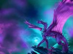  2019 ambiguous_gender claws curved_horn detailed_background digital_media_(artwork) dragon feral hi_res horn membranous_wings open_mouth purple_eyes purple_scales scales scalie selianth solo spines teeth western_dragon wings 