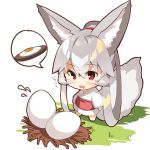  1girl :d animal_ears bangs barefoot blush chibi drooling egg eyebrows_visible_through_hair flying_sweatdrops fox_ears fox_girl fox_tail fried_egg full_body grass hair_between_eyes hair_rings high_ponytail japanese_clothes kimono long_hair long_sleeves mouth_drool nest obi open_mouth original ponytail red_eyes sash silver_hair smile solo spoken_food standing tail very_long_hair white_background white_kimono wide_sleeves yuuji_(yukimimi) 