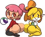  2019 animal_crossing butt canid canine female female/female human isabelle_(animal_crossing) looking_at_viewer mammal nintendo simple_background video_games vilepluff villager_(animal_crossing) white_background 