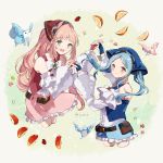  2girls apple bandanna belt belt_pouch bird blue_eyes blue_gloves blue_hair closed_mouth felicia_(fire_emblem_if) fingerless_gloves fire_emblem fire_emblem_heroes fire_emblem_if flora_(fire_emblem_if) food fruit gloves grey_eyes hand_holding highres long_hair long_sleeves multiple_girls nintendo open_mouth orange pink_hair ponytail pouch shorts siblings sisters skirt squirrel strawberry twintails twitter_username yuuri_(114916) 
