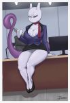  2019 anthro border bottomwear breasts cleavage clothed clothing detailed_background doggomeatball exposed felid feline female footwear hi_res inside legendary_pok&eacute;mon looking_at_viewer mammal mewtwo nintendo nipples no_underwear pok&eacute;mon pok&eacute;mon_(species) pussy shirt shoes signature sitting skirt solo topwear video_games white_border 