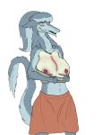  2019 ambiguous_expression anthro bandage big_breasts blue_eyes bottomwear breast_implant breasts clothed clothing digital_media_(artwork) female fur hair hairband hi_res incision inflammation long_hair ms_tupsi navel nipples raised_tail sergal simple_background skirt smile solo standing stitches sutures topless white_background xxsnake_spiderxx 