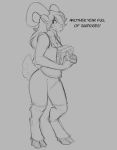  2019 anthro big_breasts blush book bovid breasts buttram caprine clothing dialogue female goat grey_background hair hooves horn long_hair mammal monochrome shirt simple_background smile solo standing tank_top text topwear watsup 