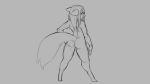  16:9 2018 anthro anus breasts butt canid canine canis digitigrade domestic_dog female grey_background hair hi_res long_hair mammal monochrome nipples nude pussy rear_view simple_background solo standing watsup 