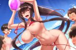  1girl 4boys armpits arms_up ball bangs bare_shoulders beachball bikini blue_sky blush bouncing_breasts breasts brown_hair collarbone hair_between_eyes kurochijo large_breasts long_hair multiple_boys navel nipples ocean one_eye_closed open_mouth original ponytail red_bikini red_eyes shuugetsu_karasu sky smile solo swimsuit thighs unaligned_breasts untied untied_bikini very_long_hair wardrobe_malfunction 