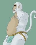  absurd_res anthro belly bulge clothed clothing deetr fur hi_res jockstrap male mammal navel nipple_piercing nipples overweight overweight_male piercing primate simple_background smile solo standing underwear 
