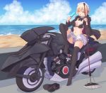  1girl artoria_pendragon_(all) artoria_pendragon_(swimsuit_rider_alter) b7669726 bangs beach bikini black_bikini black_jacket black_legwear blonde_hair breasts broom cleavage cloud cloudy_sky commentary_request fate/grand_order fate_(series) food frills full_body ground_vehicle hair_between_eyes highres holding holding_broom jacket looking_at_viewer maid_bikini maid_headdress medium_breasts motor_vehicle motorcycle navel no_shoes ocean open_clothes outdoors popsicle ribbon shoes_removed short_hair sitting sky solo swimsuit thighhighs tongue tongue_out water yellow_eyes 
