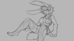  16:9 2019 anthro big_breasts blush bottomwear breasts buckteeth chest_tuft clothing female grey_background hair implied_transformation lagomorph legwear leporid lying mammal monochrome nipples pussy rabbit short_hair simple_background skirt smile solo stockings teeth torn_clothing tuft watsup 