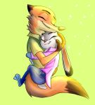  2016 black_nose brown_fur brown_hands canid canine claws clothing dipstick_ears dipstick_tail disney duo ears_back ears_down embrace eyes_closed female fox fur gloves_(marking) green_background grey_fur hug jeans judy_hopps lagomorph larger_male leporid male mammal markings multicolored_ears multicolored_tail neck_tuft nick_wilde orange_fur pants pink_nose pivoted_ears rabbit red_fox shirt simple_background size_difference smaller_female smile tan_fur togaed topwear tuft zootopia 