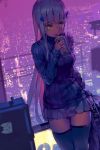  1girl aamond alternate_costume bangs blunt_bangs blush breasts city city_lights cityscape cup drinking eyebrows_visible_through_hair girls_frontline green_eyes hair_ornament hk416_(girls_frontline) long_hair long_sleeves ribbed_sweater skirt solo standing sweater thighhighs thighs 