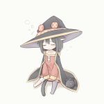  1girl animal_ears bandage bandaged_leg bandages black_hair cape cat_ears cat_tail chibi chomusuke dress eyes_closed hagi_neco hat highres kemonomimi_mode kono_subarashii_sekai_ni_shukufuku_wo! megumin mismatched_legwear red_dress short_hair simple_background single_thighhigh sitting sleeping sleeves_past_wrists strapless strapless_dress tail thighhighs witch_hat younger 