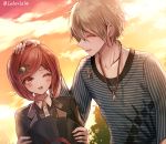  1boy 1girl @ amami_rantarou artist_name black_jacket blurry blurry_background blush bob_cut brown_eyes collarbone danganronpa day ear_piercing eyebrows_visible_through_hair eyes_closed hair_ornament hairclip hat hat_removed headwear_removed holding holding_hat jacket jewelry looking_at_another necklace new_danganronpa_v3 one_eye_closed open_mouth outdoors piercing red_hair school_uniform short_hair striped upper_body witch_hat yumeno_himiko z-epto_(chat-noir86) 
