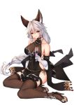  1girl absurdres amethyst_(gemstone) animal_ears bare_shoulders black_dress blush braid breasts brown_eyes brown_legwear champagne_flute cleavage collarbone cup dress drinking_glass earrings elbow_gloves erune fishnet_legwear fishnets full_body gloves granblue_fantasy hair_between_eyes hair_tubes heles high_heels highres holding holding_cup jewelry large_breasts long_hair looking_at_viewer parted_lips pelvic_curtain silver_hair simple_background single_braid sitting smile solo thigh_strap thighhighs very_long_hair white_background white_gloves ym_(distance819) yokozuwari 