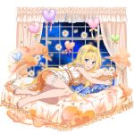  1girl alice_schuberg barefoot blonde_hair blue_eyes daisy feet flower frilled_pillow frills full_body hair_intakes hair_ribbon heart highres long_hair looking_at_viewer lying nail_polish official_art on_bed on_side orange_ribbon orange_shorts pillow pink_nails pink_ribbon ribbon shirt short_shorts shorts sky sleeveless sleeveless_shirt solo sparkle star_(sky) starry_sky sword_art_online thigh_strap toenail_polish toes transparent_background very_long_hair white_ribbon white_shirt yellow_ribbon 