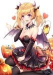  1girl :d absurdres bare_shoulders black_dress black_footwear black_legwear blonde_hair blush breasts candle candy candy_wrapper cleavage demon_horns demon_tail demon_wings detached_sleeves dress food frilled_dress frills hair_ribbon halloween_costume hand_up heart high_heels highres horns irato_at jack-o&#039;-lantern king&#039;s_raid lamp layered_dress lollipop long_hair looking_at_viewer may_(king&#039;s_raid) medium_breasts open_mouth pink_eyes ribbon ruby_(gemstone) simple_background smile solo strapless strapless_dress swirl_lollipop tail thighhighs twintails white_background wings 