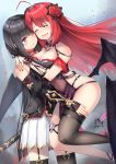  2girl 2girls ahoge armor ass bare_shoulders black_hair blush breasts double_bun erze_(king&#039;s_raid) fangs glomp highres hug king&#039;s_raid long_hair medium_breasts multiple_girls one_eye_closed open_mouth purple_eyes red_hair seria_(king&#039;s_raid) shiny shiny_hair shiny_skin siblings sisters skirt smile thighhighs vampire very_long_hair wings 