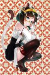  1girl adjusting_eyewear animal_ears artist_request black_hair blush boots breasts cat_ears cat_tail closed_mouth detached_sleeves fang fang_out full_body glasses gloves green-framed_eyewear hairband headgear high_heels highres japanese_clothes kantai_collection kemonomimi_mode kirishima_(kantai_collection) large_breasts looking_at_viewer nontraditional_miko patterned_background paw_gloves paws remodel_(kantai_collection) ribbon-trimmed_sleeves ribbon_trim semi-rimless_eyewear short_hair skirt smile solo squatting suzuho_hotaru tail thigh_boots thighhighs under-rim_eyewear 